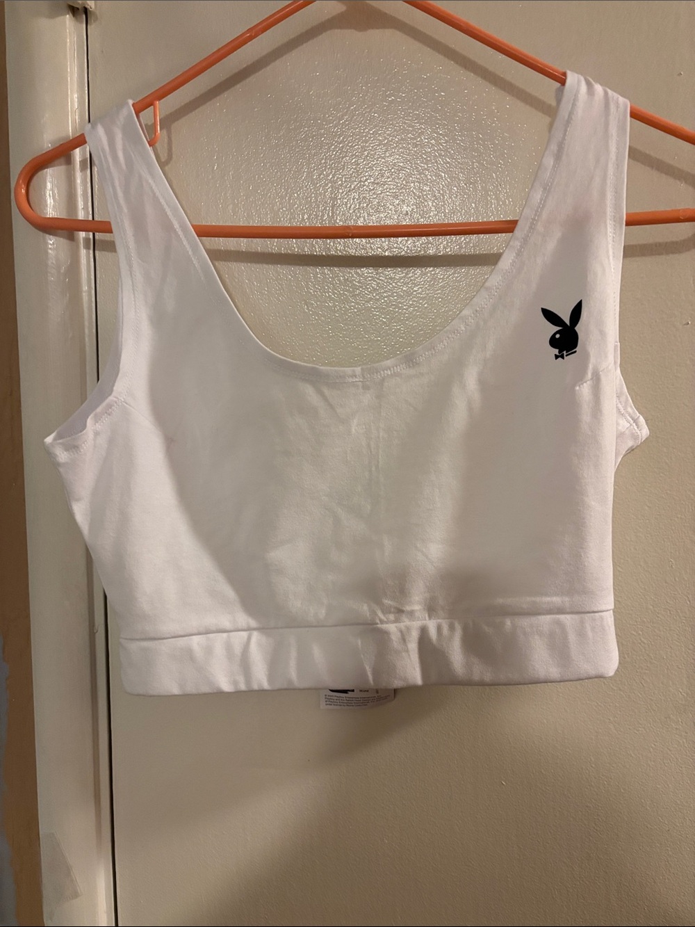 PLAYBOY White Crop Tank with Black Bunny Emblem